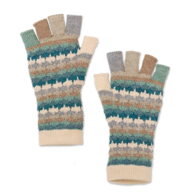 Knit Ivory Blue and Grey 100% Baby Alpaca Fingerless Gloves