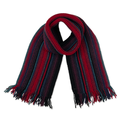 Handloomed Red and Black Fringed Alpaca Blend Scarf