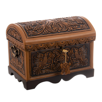 Embossed Leather Cedar Floral and Bird-Themed Decorative Box