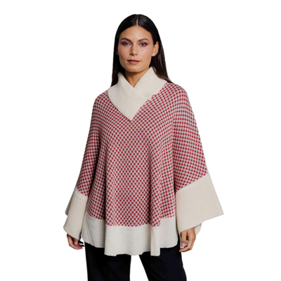 Cherry and Ivory Patterned 100% Baby Alpaca Poncho