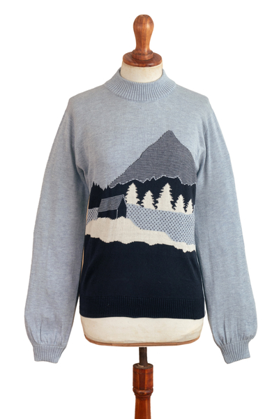 Winter-Themed Blue Knit Pullover Sweater with Bishop Sleeves