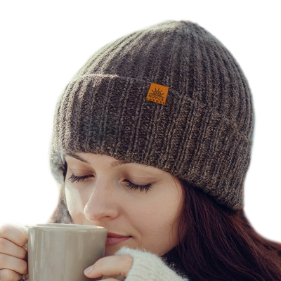 Alpaca and Wool Blend Knit Beanie Hat in Mushroom Brown