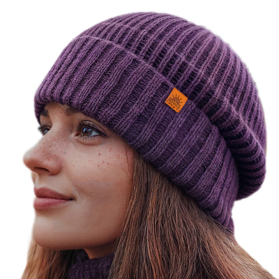 Alpaca and Wool Blend Knit Beanie Hat in Boysenberry Purple