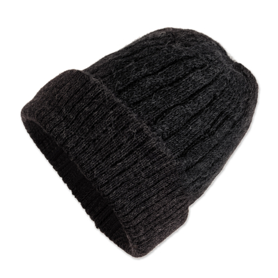 100% Alpaca Knit Textured Beanie Hat in Grey Hue from Peru