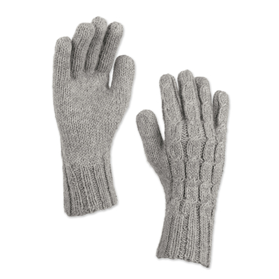 100% Alpaca Cable Knit Gloves in Grey Shade from Peru