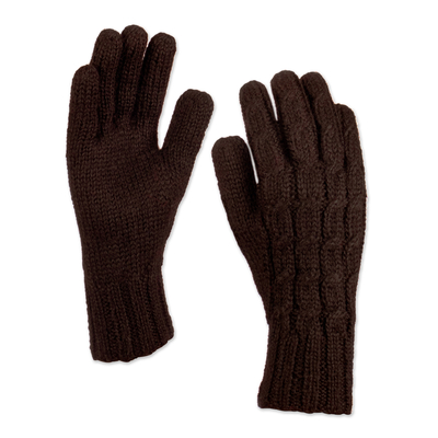 100% Alpaca Cable Knit Gloves in Brown Shade from Peru