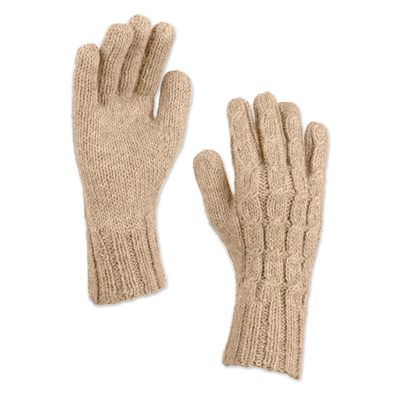 100% Alpaca Cable Knit Gloves in Beige Shade from Peru
