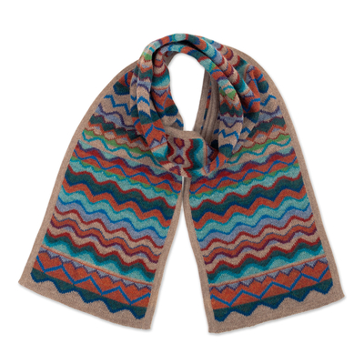 Colorful Knit 100% Alpaca Scarf with Wavy and Zigzag Motifs