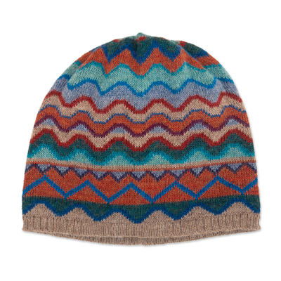Colorful Knit 100% Alpaca Hat with Wavy and Zigzag Patterns