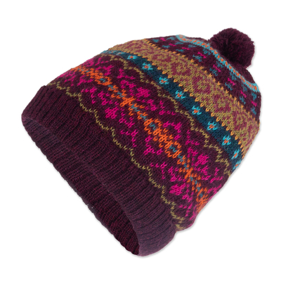 100% Alpaca Knit Hat in Purple with Pompom and Andean Motifs