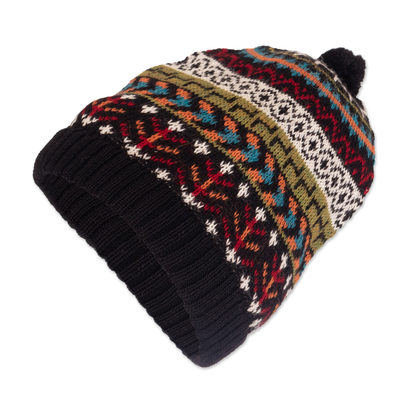 100% Alpaca Knit Hat in Black with Pompom and Andean Motifs