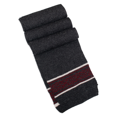 Knit Grey Red White 100% Baby Alpaca Scarf with Inca Motifs