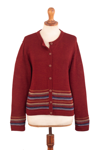 Scarlet Red 100% Cotton Cardigan with Crocheted Stripes