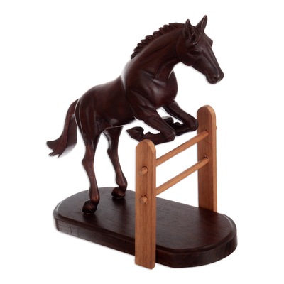 Hand-Carved Show Jumping Horse Cedar Wood Sculpture
