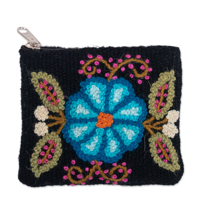 Knit Floral Blue and Black Wool Coin Purse with Zipper