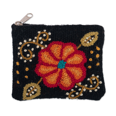 Knit Floral Orange and Black Wool Coin Purse with Zipper