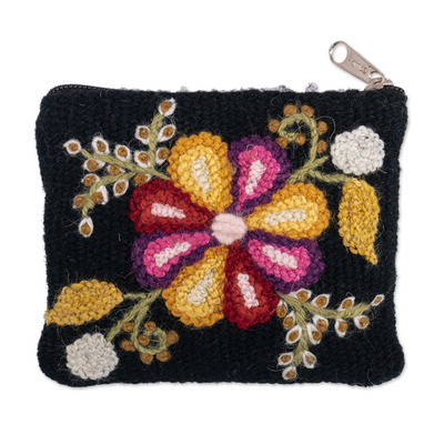 Knit Floral Multicolor on Black Wool Coin Purse with Zipper