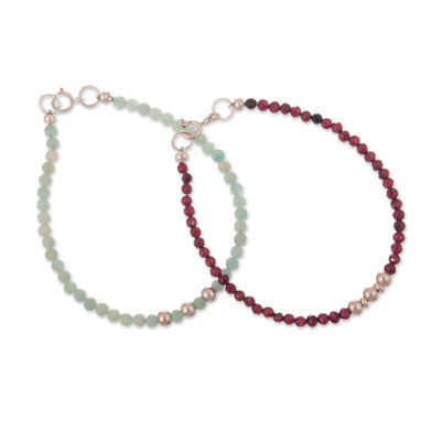 Pair of Amazonite Garnet Silver Beaded Wristband Bracelets