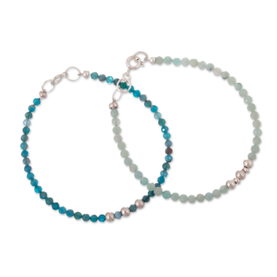 Pair of Amazonite Agate Silver Beaded Wristband Bracelets