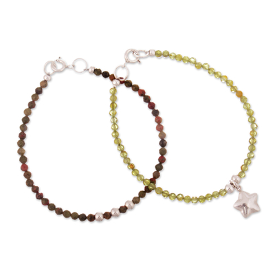 2 Peridot Unakite Beaded Bracelets with Silver Star Charm