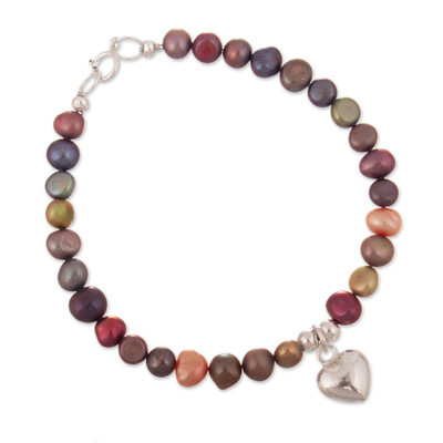 Colorful Cultured Pearl Beaded Bracelet with Heart Pendant