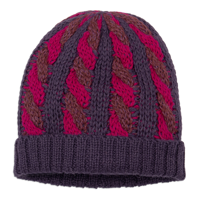 Cable Knit Alpaca Blend Hat in Fuchsia and Purple Hues