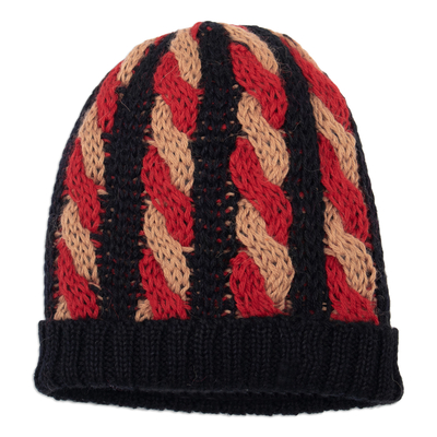 Cable Knit Alpaca Blend Hat in Black and Red Hues