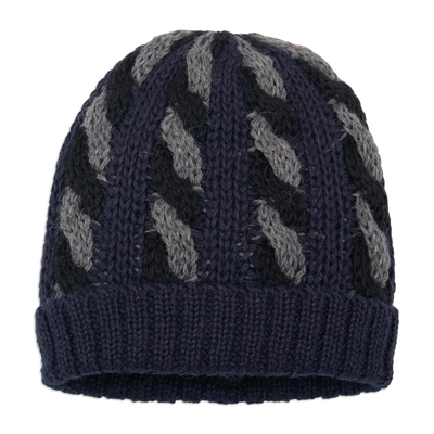 Cable Knit Alpaca Blend Hat in Navy and Grey Hues