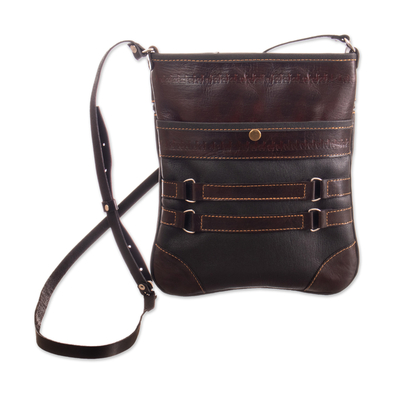 Adjustable 100% Leather Sling Bag in Brown with Llama Motif