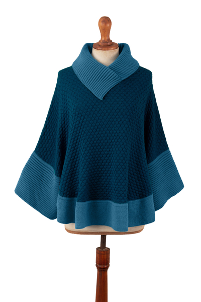 Patterned Caribbean Blue and Turquoise Baby Alpaca Poncho