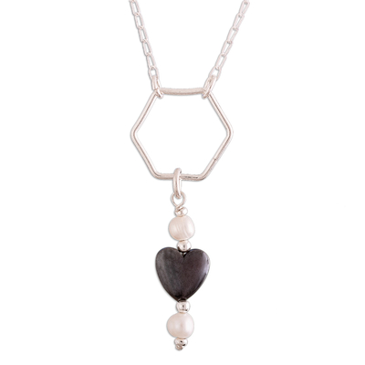 Modern Hematite Cultured Pearl Silver Heart Pendant Necklace