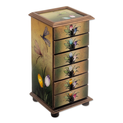 Reverse Painted Glass Dragonfly Floral-Themed Jewelry Box