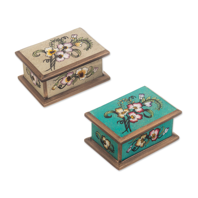 2 Floral-Themed Reverse Painted Glass Decorative Boxes