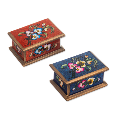 2 Red and Blue Reverse Painted Glass Floral Decorative Boxes