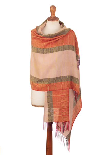 Handwoven Fringed Soft Baby Alpaca Shawl in Orange and Beige