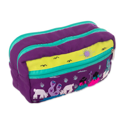 Cotton Blend Toiletry Bag with Applique Andean Motifs