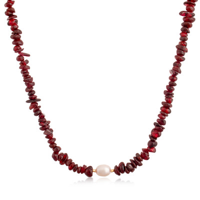 Garnet and White Pearl Beaded Necklace with Golden Accents
