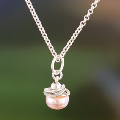 Silver Pendant Necklace with Semi-Round Pink Cultured Pearl