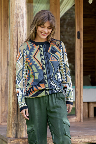 Geometric-Themed Recycled Cotton Blend Pullover Sweater