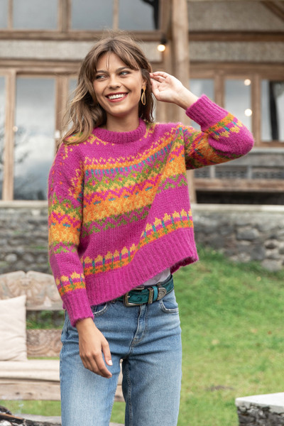 Ribbed Knit Alpaca Blend Pullover Sweater in Fuchsia Shade