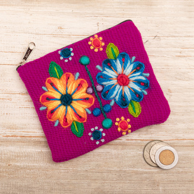 Handmade Zippered Alpaca Blend Coin Purse in Magenta Hues