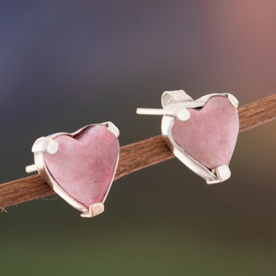 Romantic Heart-Shaped Natural Rhodonite Button Earrings