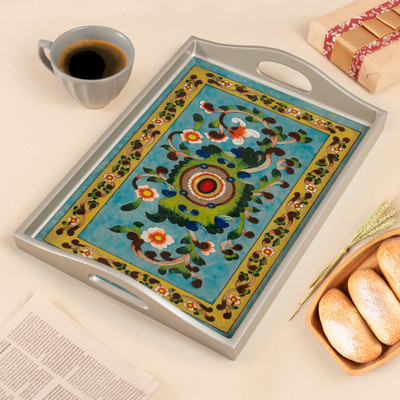 Silver-Toned Handcrafted Floral Reverse-Painted Glass Tray