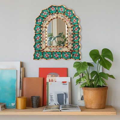 Reverse-Painted Glass Floral Wall Mirror with Bronze Gilt