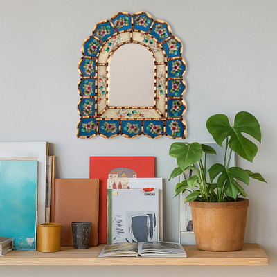 Bronze-Gilded Reverse-Painted Glass Floral Wall Mirror