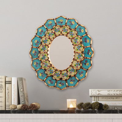 Floral-Themed Bronze-Gilded Reverse-Painted Glass Mirror