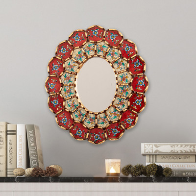 Red Floral Bronze-Gilded Reverse-Painted Glass Wall Mirror