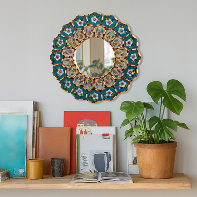 Bronze-Gilded Reverse-Painted Glass Mirror with Floral Theme