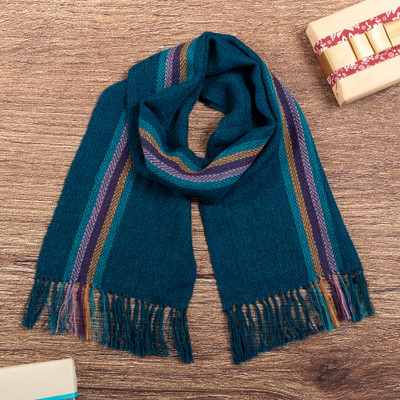 Handwoven Fringed Soft 100% Alpaca Scarf in Teal Green Hues
