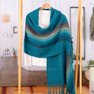 Striped Peacock Green 100% Alpaca Shawl Handwoven in Peru